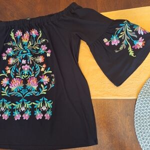 Floral Boho Colorful Embroidered Black Top by INC sz Med